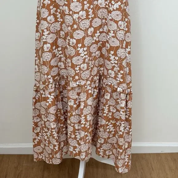 Saks Fifth Avenue Floral Ruffle Linen Blend Midi Dress Size L Brown White - Picture 5 of 12